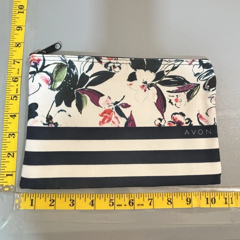 Avon True Color Cosmetic Makeup Bag Floral Stripe Zip Roomy Clean Travel Bag